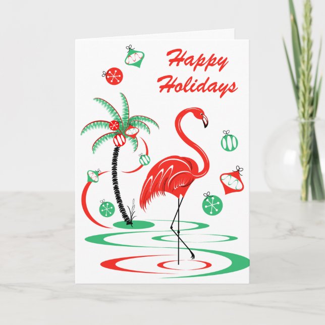 Red Christmas Flamingo Holidays Text portrait Holiday Card (Front)
