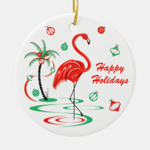Red Christmas Flamingo Holidays Text round Ceramic Ornament