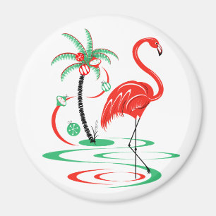 Red Christmas Flamingo magnet round