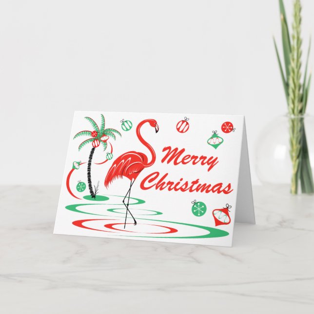 Red Christmas Flamingo Merry Christmas landscape Holiday Card (Front)