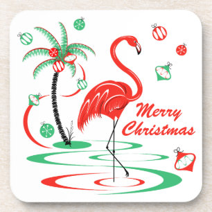 Red Christmas Flamingo Merry Christmas plastic Coaster