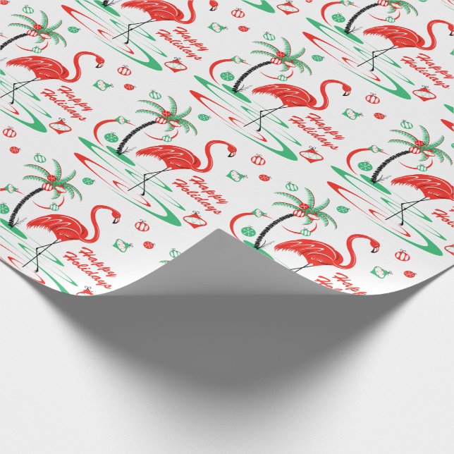 Red Christmas Flamingo Merry Happy Holidays Wrapping Paper (Corner)