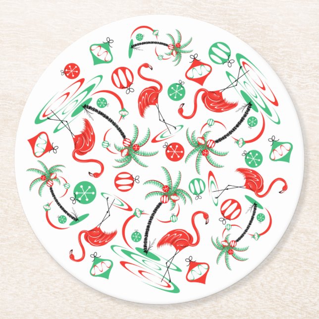 Red Christmas Flamingo Multi round Paper Coaster (Front)