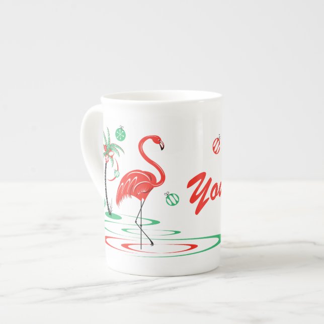 Red Christmas Flamingo Name bone china Bone China Mug (Front Left)