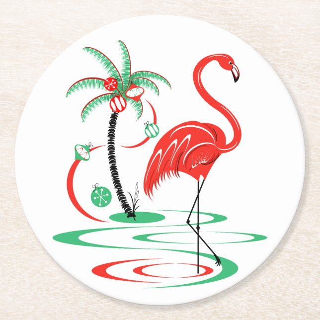 Red Christmas Flamingo round Paper Coaster (Front)