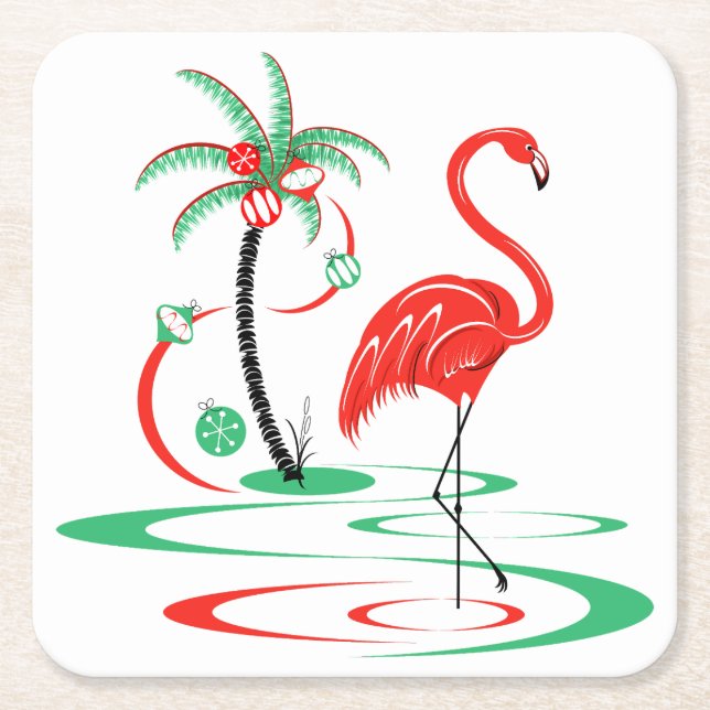 Red Christmas Flamingo square Paper Coaster (Front)