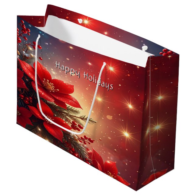 Red Christmas Floral Holiday Gift Bag (Front Angled)