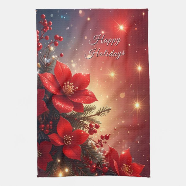 Red Christmas Floral Holiday Kitchen Towel (Vertical)
