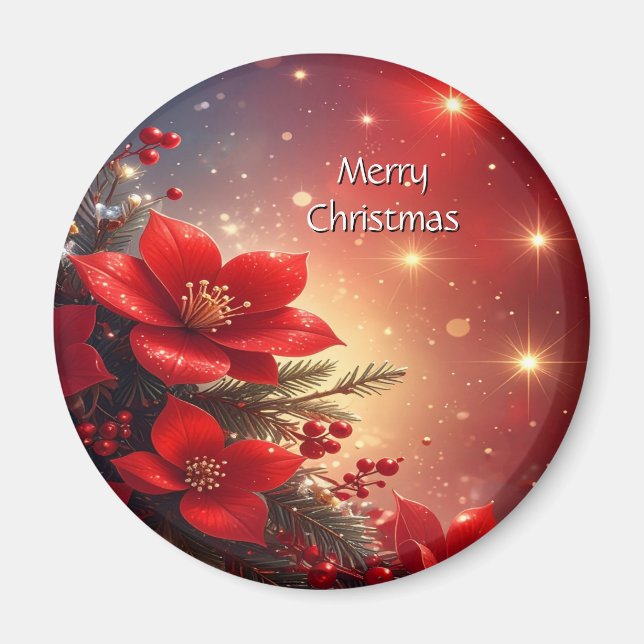 Red Christmas Floral Holiday Magnet (Front)