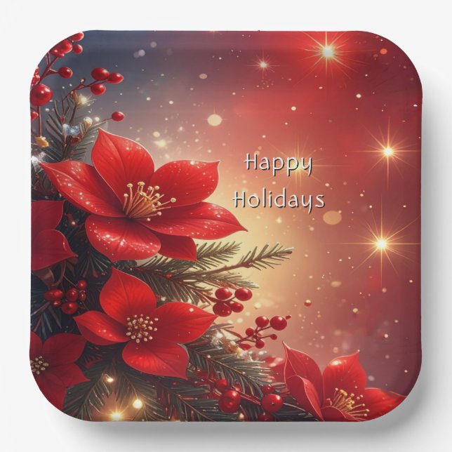 Red Christmas Floral Holiday Paper Plate (Front)