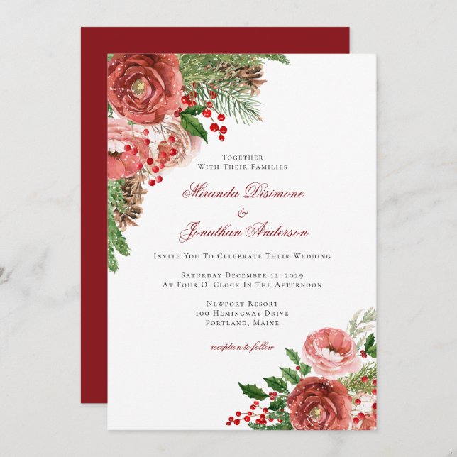 Red Christmas Floral Winter Wedding Invitation (Front/Back)