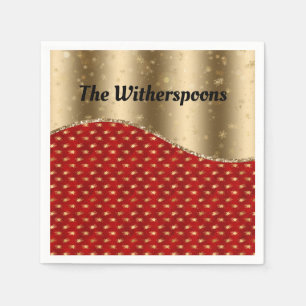 Red Christmas Floral with Gold Ribbon and Name Napkin