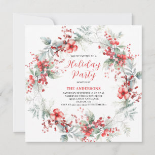  Red Christmas Floral Wreath Party  Invitation
