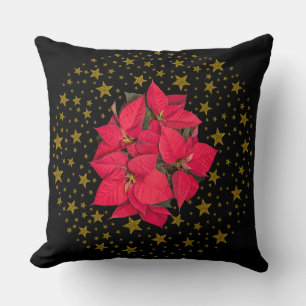 Red Christmas flower and sparkly gold stars Cushion