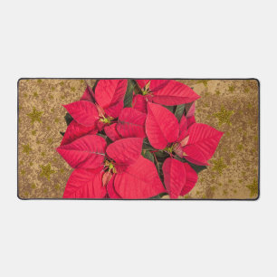 Red Christmas flower, gold stars on abstract paper Desk Mat