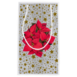 Red Christmas flower gold stars on abstract silver Small Gift Bag