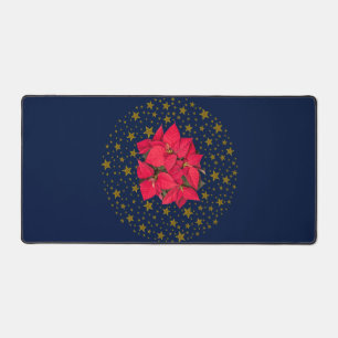 Red Christmas flower, sparkly gold stars on blue Desk Mat