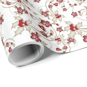 Red Christmas Flowers and Holly Berries Wrapping Paper