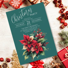 Red Christmas Flowers Party Invitation Card