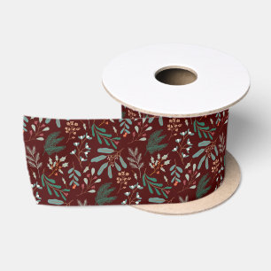 Red Christmas Foliage pattern Satin Ribbon