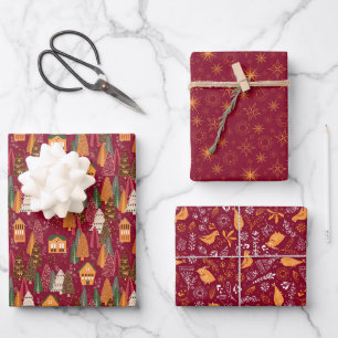 Red Christmas Forest Village Birds Snowflakes Wrapping Paper Sheet