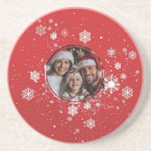 Red Christmas Frame with Snow Flakes Coaster