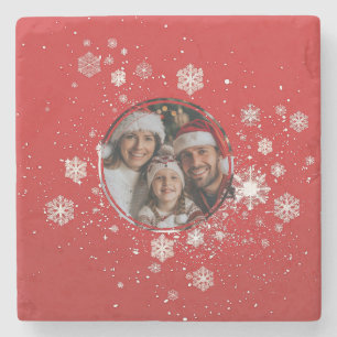 Red Christmas Frame with Snow Flakes  Stone Coaster