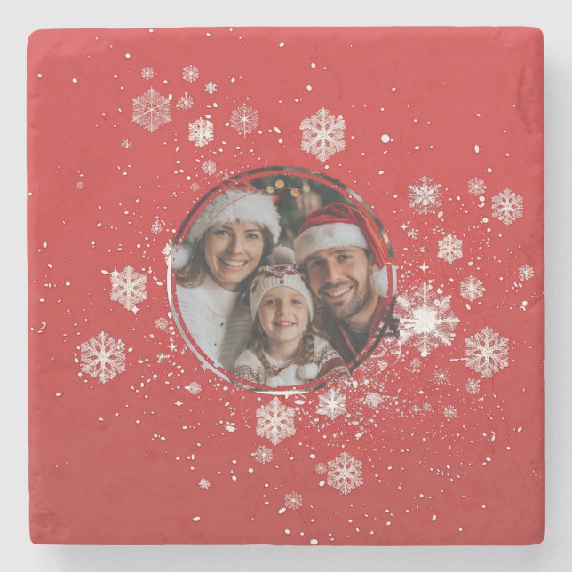Red Christmas Frame with Snow Flakes  Stone Coaster (Front)