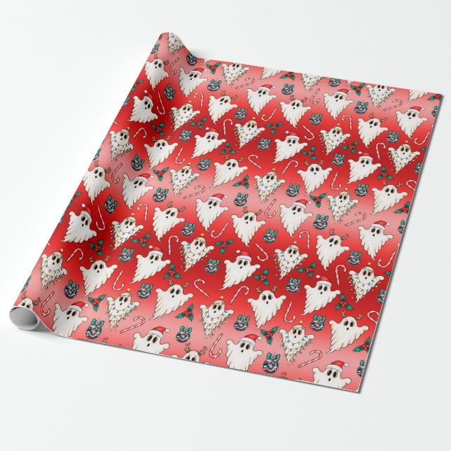 Red Christmas Ghost Gothic Wrapping Paper (Unrolled)