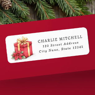Red Christmas gift with poinsettia return address Label