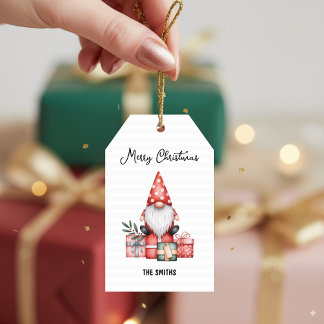 Red Christmas Gnome with Presents Merry Holiday Gift Tags