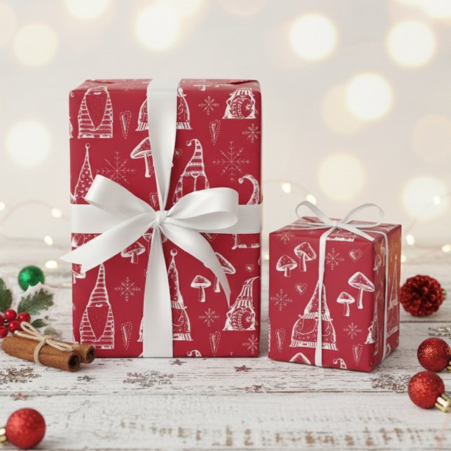 Red Christmas Gnomes, Mushrooms & Snowflakes Kids Wrapping Paper (Modern Festive Xmas Gnomes Wrapping Paper for Kids. Cute Winter Gnomes Pattern on Red Background.)