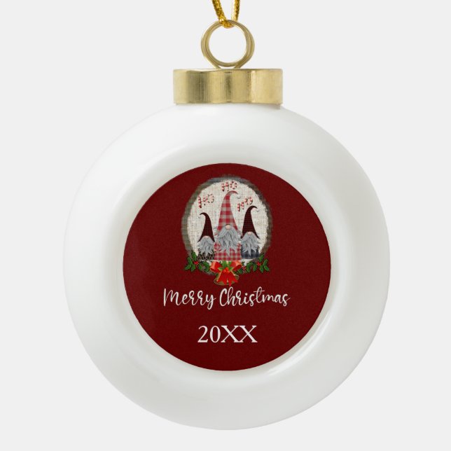 Red Christmas Gnomes Trendy Elves  Ceramic Ball Christmas Ornament (Front)