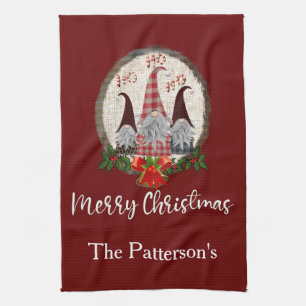 Red Christmas Gnomes Trendy Elves Tea Towel