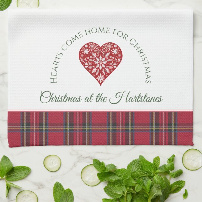 Red Christmas Heart Personalised Name Christmas Tea Towel (Folded)