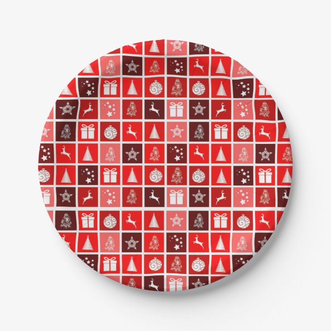 Red Christmas Holiday Cute Tree Reindeer  Paper Plate (Front)
