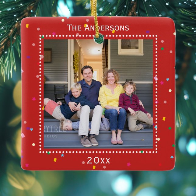 Red Christmas Holiday Frame Family Keepsake Photo Ceramic Ornament (Creator Uploaded)