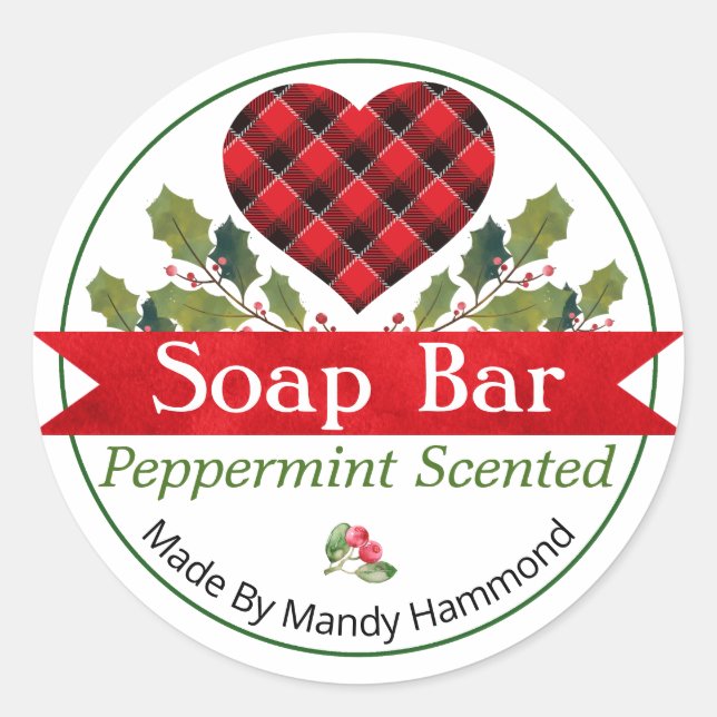 Red Christmas Holly Plaid Heart Soap Bar Labels (Front)