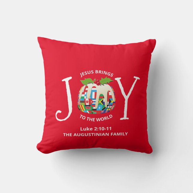 Red Christmas JOY TO THE WORLD Christian Cushion (Front)