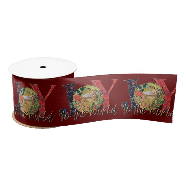 Red Christmas Joy To The World Nativity   Satin Ribbon (Spool)