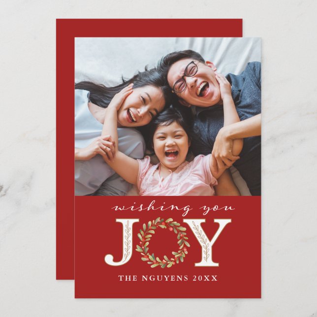 Red Christmas Joy Watercolor Wreath Photo Card (Front/Back)