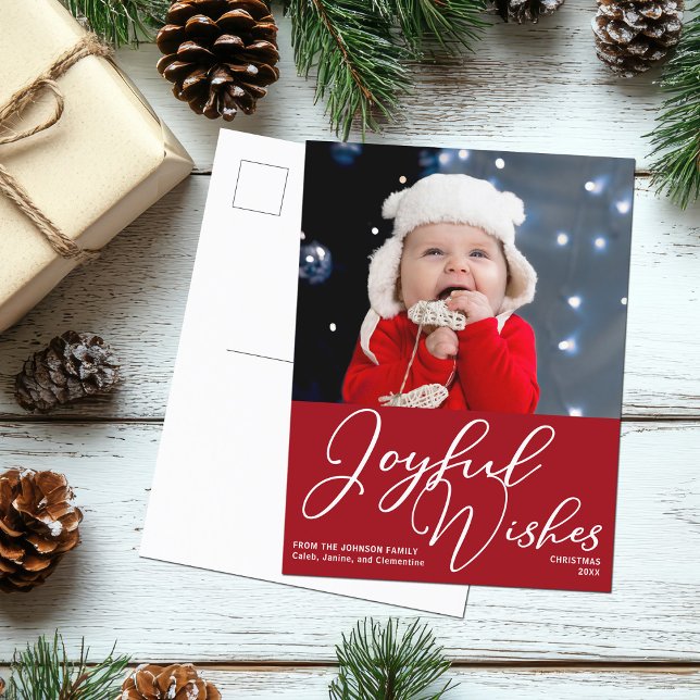 Red Christmas Joyful Wishes Festive Photo Holiday Postcard (Creator Uploaded)