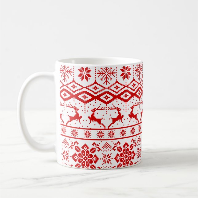 Red Christmas Knitted Reindeer And Snowflakes Coffee Mug (Left)