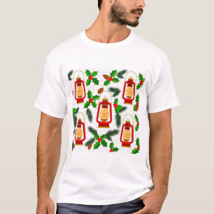 Red Christmas Lantern Holly Vintage Pattern T-Shirt
