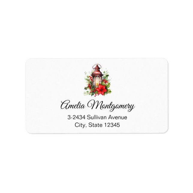 Red Christmas Lantern Poinsettia - Address Label (Front)