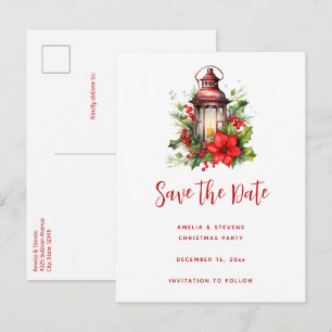 Red Christmas Lantern Poinsettia and Pine Announcement Postcard