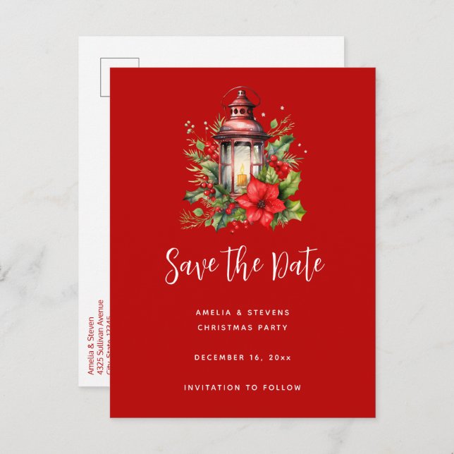 Red Christmas Lantern Poinsettia and Pine Announcement Postcard (Front/Back)