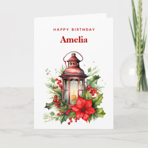 Red Christmas Lantern Poinsettia and Pine Birthday Card