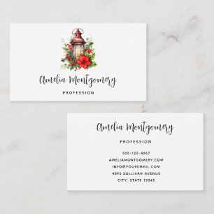 Red Christmas Lantern Poinsettia and Pine Business Card