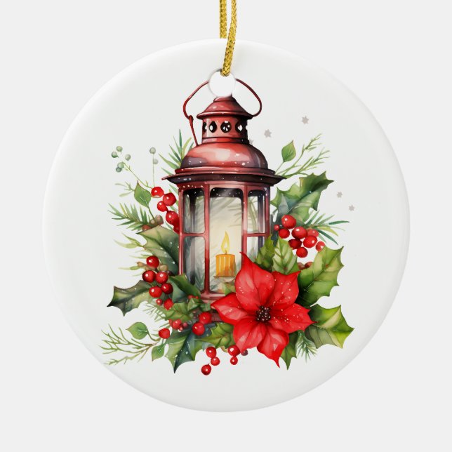 Red Christmas Lantern Poinsettia and Pine Ceramic Ornament (Front)